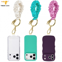 Wholesale Eco-Friendly Elastic Hair Band Accessories Custom Pattern Satin Wristlet Scrunchies Phone Chain with Keychain Key Ring
