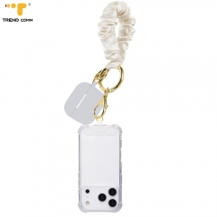 Wholesale Eco-Friendly Elastic Hair Band Accessories Custom Pattern Satin Wristlet Scrunchies Phone Chain with Keychain Key Ring