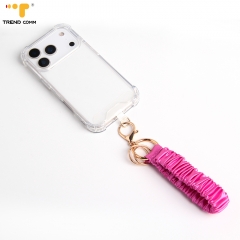 Wholesale Eco-Friendly Elastic Hair Band Accessories Custom Pattern Satin Wristlet Scrunchies Phone Chain with Keychain Key Ring