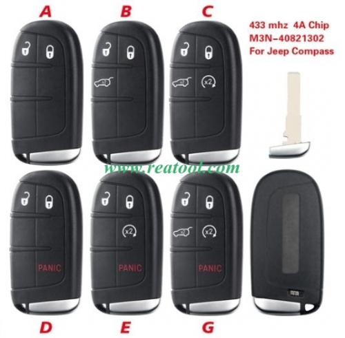 2/3/4/5BT Smart Remote Control Key 433mhz 4A Chip Keyless Entry SIP22 Blade For Jeep Compass M3N-40821302