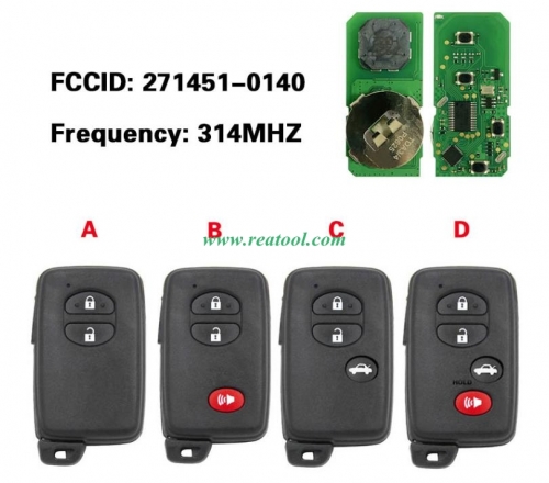 TOYO-TA Camry, Avalon 2007+ Smart Key, 4Buttons, HYQ14AAB P1 D4 4D-67, 314MHz Light Gray 89904-06041 89904-33181 89904-33310 Keyless Go