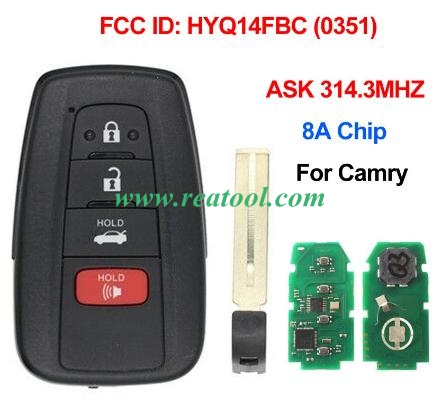 TOYO-TA 3+1 Button Remote Smart Car Key Fob ASK 314.3MHz with 8A Chip FCC ID: 14FBC-0351-US for TOYO-TA Camry 2018 2019 HYQ14FBC