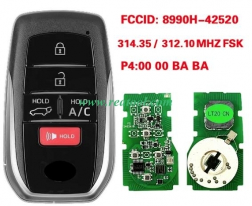 2023 TOYO-TA bZ4X Smart Remote Key 5 Button 8990H-42520 HYQ14FBX 314.35-312.10MHZ P4:00 00 BA BA