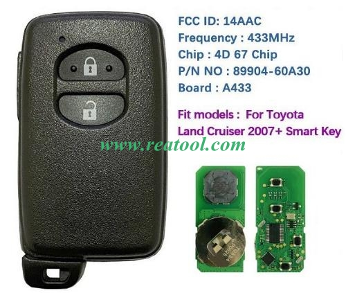 TOYO-TA Land Cruiser 2007+ Smart Key, 2Buttons, 14AAC P1 98 4D-67, 433MHz 89904-60A30 Keyless Go A433