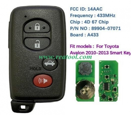 TOYO-TA Avalon 2010-2013 Smart Key Remote 4 Buttons 433MHz 89904-07071 89904-07072 FCC ID: 14AAC PAGE1 98 4D-67 CHIP A433