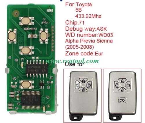 TOYO-TA Previa 2007+ Smart Key, 5Buttons, B52EA P1 D4 4D-67, 433MHz Light Gray 89904-28121 89904-28123 271451-0780-Eur