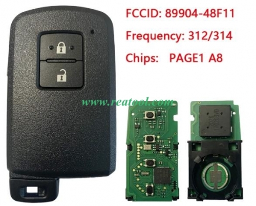 For TOYO-TA Land Cruiser, Harrier smart key, 2Buttons, 14FAB-02 PAGE1 A8 DST-AES Chip, 312/314MHz, with Keyless Go 89904-48F11