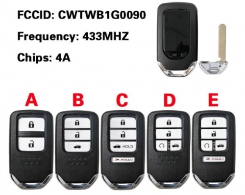 2/3/4/5 Button 433MHZ 4A Chip For Honda Accord 2018-2021 Smart Card Remote Key Car Key PN : 72147-TVA-A11 FCC ID : CWTWB1G0090
