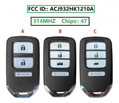 ACJ932HK1210A 72147-T2A-A01 A02 A11 A21 Smart Remote Car Key 4 Button 314MHZ Replacement for Honda Accord Civic