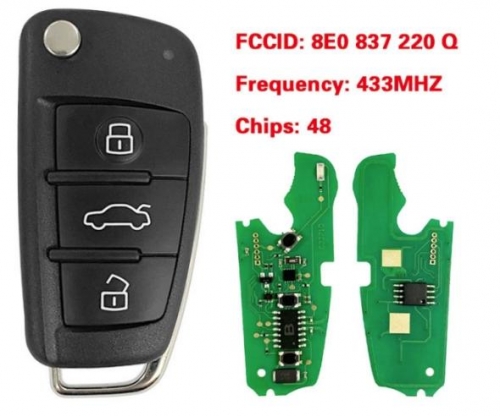3 Button Remote Car Flip Key 433MHz Fob for AUDI A2 A4 S4 Cabrio Quattro Avant 2005 2006 2007 2008 with 48 Chip 8E0 837 220Q K D