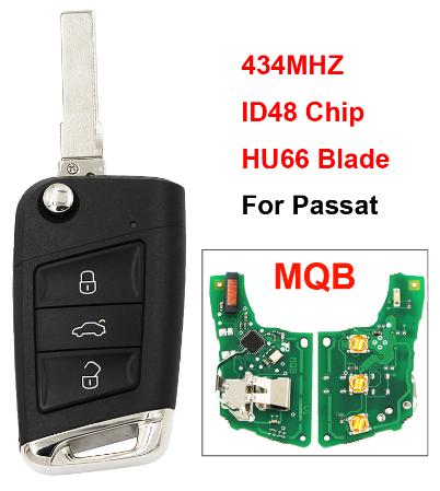 For VW  MQB platform 3 button flip remote key  with ID48 chip-434mhz & HU66 blade, used for T-Cross, Magotan, sagitar ect
.