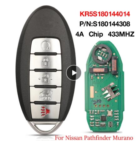 5 Buttons KR5S180144014 P/N S180144308 4A Chip 433MHZ Remote Car Key For Nissan Pathfinder Murano IC#7812D-S180204