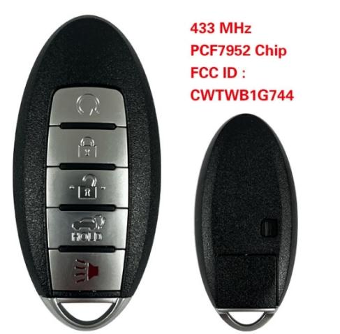 For NISSAN Patrol smart key, 5 buttons, FCC ID CWTWB1G744, PCF7952 chip, 433MHz, with Keyless Go 285E3-1LB5A