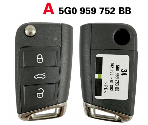 5G0 959 753 BA/5G0 959 752 BB Auto Smart Remote 3B ASK 433MHz ID48 Chip Flip Car Smart Key For Volkswagen Tiguan Touran Sharan