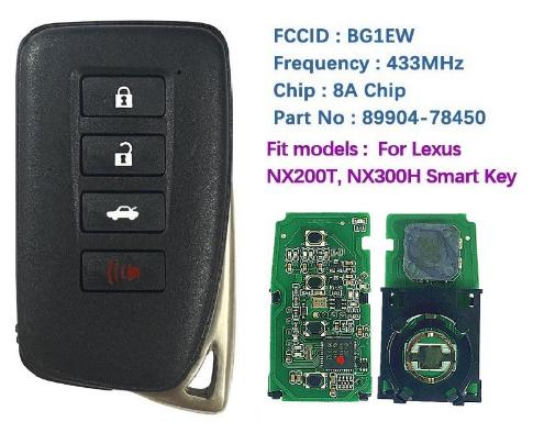 For Lexus NX200T, NX300H Smart Key, 4Buttons, BG1EW P1 A8 DST-AES Chip, 433MHz 89904-78450 Keyless Go