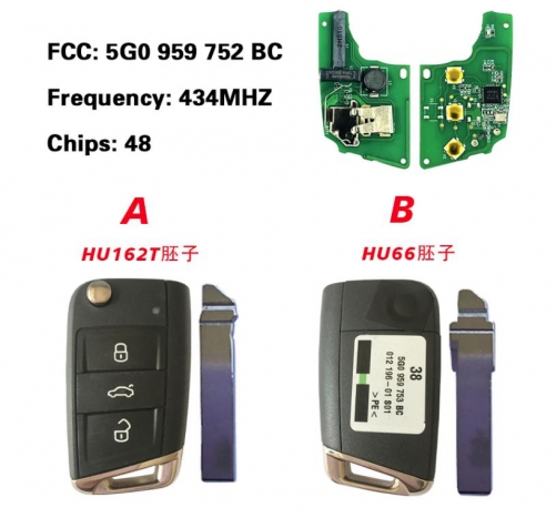 For Vw Golf Polo Touran Etc 3 Button Flip Key Fob Remote 5g0 959 752 BC 434mzh Keyless GO