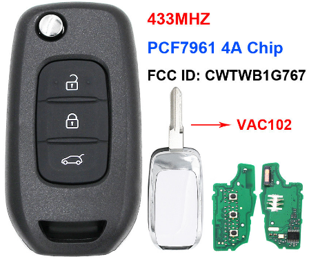 For Re nault 3 Button flip remotePCF7961 4A  chip-434MHZ FCCID:CWTWB1G767   for Ren ault Captur/Megane 3