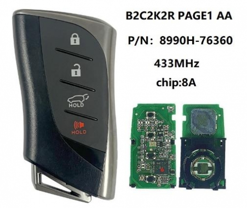 For Lexus UX200 UX250 2019+ Smart Key, 4Buttons 8990H-76360 433MHz, B2C2K2R P1 AA