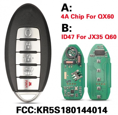 KR5S180144014 Remote Smart Car Key For Infiniti JX35 Q60 QX60 433Mhz 4A Chip ID47 Chip 5Buttons S180144320 S180144014