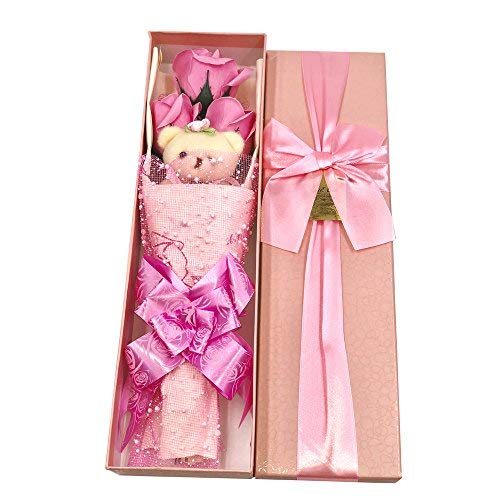 3 Scented Soap Roses Teddy Bear Valentine's Gift Pink