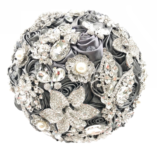 Full Rhinestone Wedding Roses Jewelry Silver Brooch Bouquet