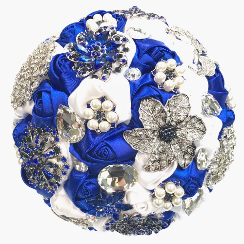 Royal Blue Rhinestone Gem Pearl Brooch Wedding Bouquet