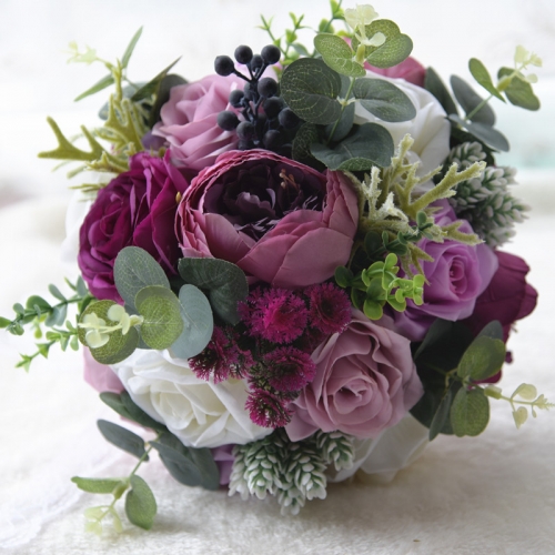 Real Touch Rose Peony Wedding Bouquet in Plum Lavender