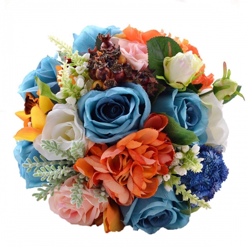 Blue Coral Rose Bouquet with Berry Leaf Decoration