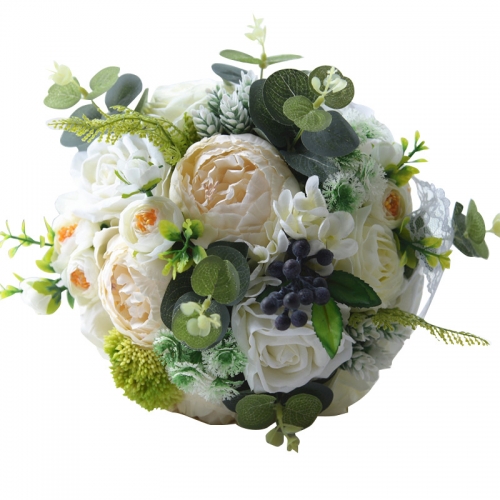White Rose Peony Wedding Bouquet with Green Leaves Decoration