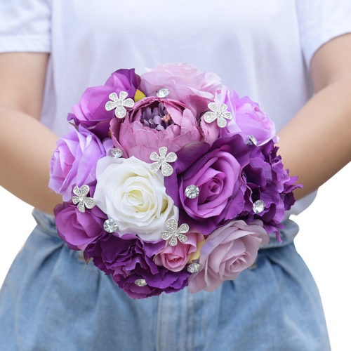 Bridesmaid Holding Bouquet with Rhinestone Decoration