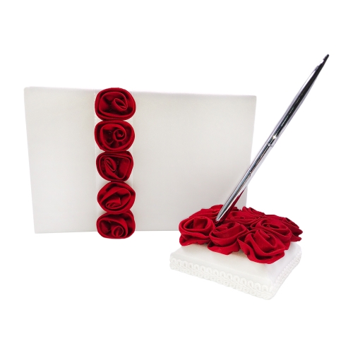 Burgundy Satin Rose Decor Wedding Guest Book  and Pen Set