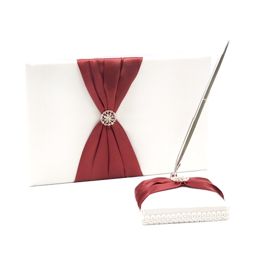 Double Heart Rhinestone Wedding Guest Book and Pen Set Burgundy