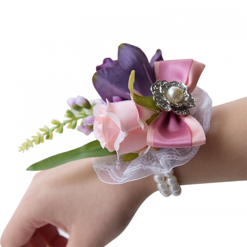 Dusty Pink Peony Rose Wrist Corsage Pearl Jewel Décor