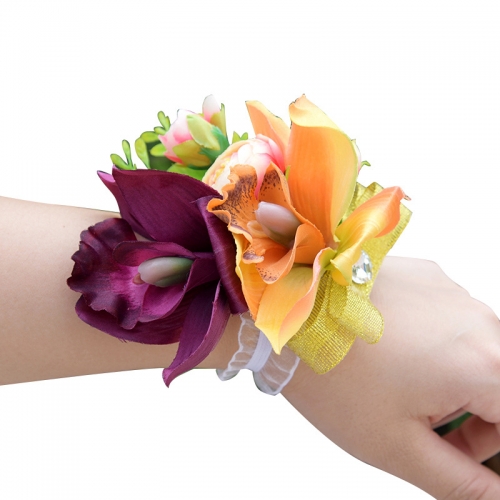 Wrist Corsage for Bridesmaid Purple Orange Ochid