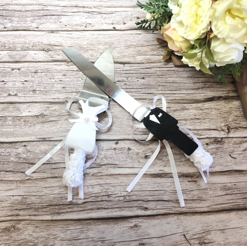 Wedding  Cake Knife&Server Set with Silk Bow White Lace Dress Rhinestone Bow Tie Décor