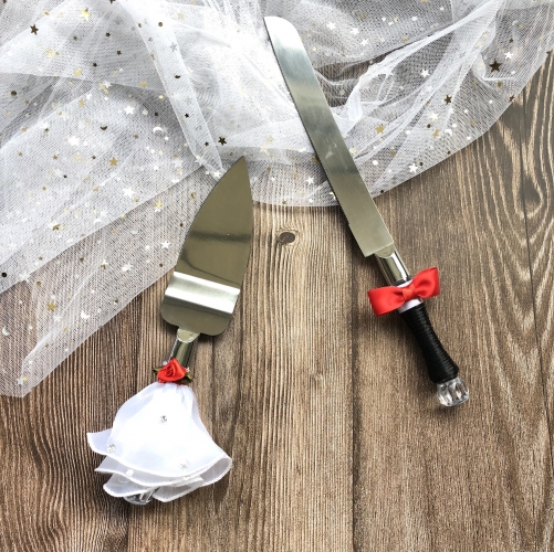 Wedding Anniversary Cake Knife and Server Set - Rose and Bow Tie Decor