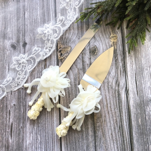 Flower Decor Wedding Cake Knife & Server Set