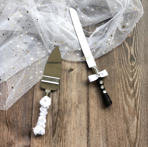 Wedding Anniversary Cake Knife and Server Set - Rhinestone Bow Tie Rose Flower Decor
