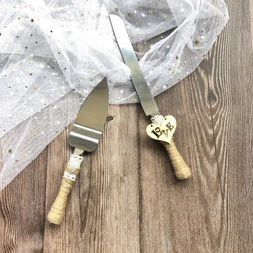 Wedding Cake Knife and Server Set -Burlap Wrapped Handle