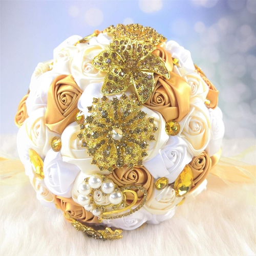 Advanced Customization Romantic Bride Wedding Holding Toss Bouquet Creamy White Rose Brooch with Pearls and Rhinestone