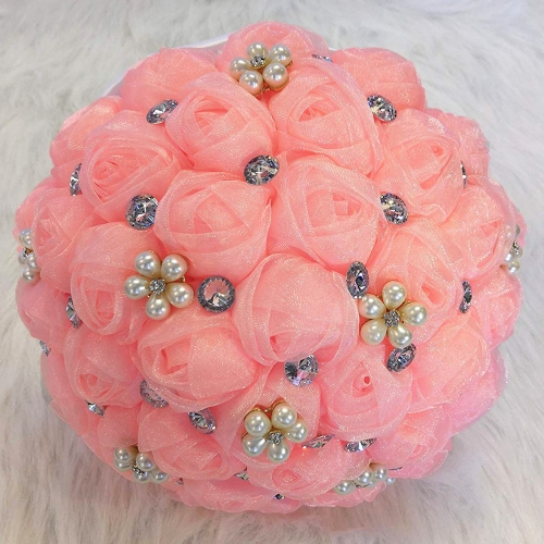 Sparkle Rhinestone Pearl Jewelry Bouquet - Bride Wedding Quinceanera Rose Flower (Coral, 8 Inch)