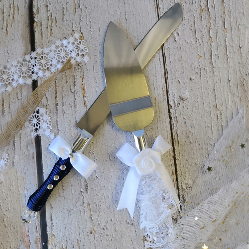 Wedding Anniversary Cake Knife and Server Set - Rhinestone Bow Tie Décor