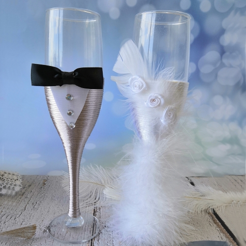 Wedding Champagne Toasting Flute - White Feather Dress Grey Suit