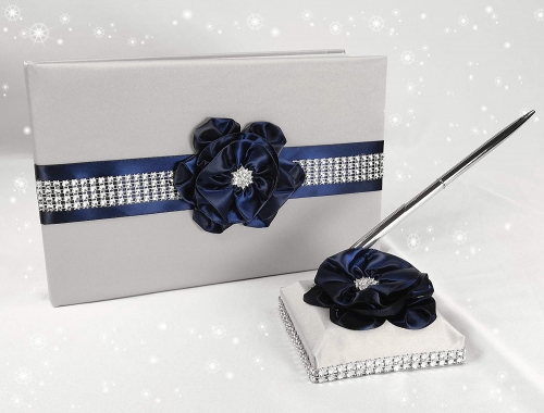 Wedding Guest Book and Pen Set in Silver Satin Cover with Navy Blue Ribbon Flower Rhinestone Decor Luxury Satin Collection Party Favor Set (Navy Blue+