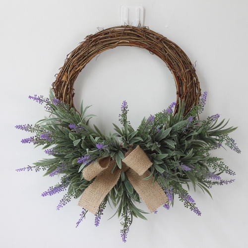15” Artificial Lavender Wreath, Front Door Wreath with Green Leaf and Bow Knot Spring Summer Garland for Wall Home Decor Indoor Outdoor