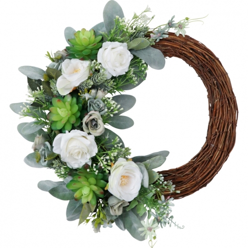 16 inch Artificial Rose Succulents Wreath Front Door Floral Wreath with Knotted Bow Handmade Greenery Wreath Spring Summer Wreath for Home Kitchen Off