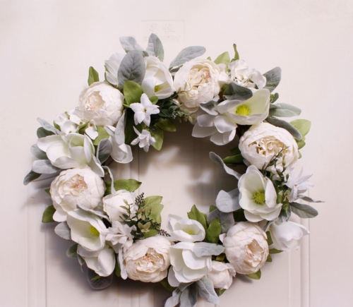 18" Peony Magnolia Wreath, Artificial Peony Flower Wreath Door Wreath with Green Leaves Spring Wreath for Front Door,Wedding,Wall, Home Decor (White)