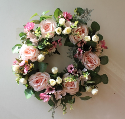 16.5 inch Artificial Rose Wreath Handmade Floral Wreath with Green Leaves, Spring Summer Garland Wreath for Front Door Wall Wedding Party Home Decor (