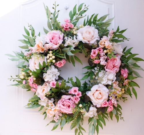 22 inch Large Artificial Rose Wreath Handmade Floral Wreath with Berry and Green Leaves, Spring Summer Garland Wreath for Wedding Party (Champagne)