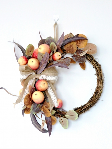 16" Harvest Fall Wreath - Artificial Apple Wreath with Eucalyptus Vintage Burlap Bow Grapevine Ornament Wreath for Thanksgiving Christmas Front Door W